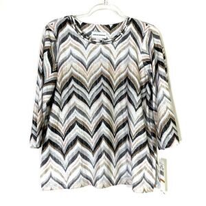 Alfred Dunner | Classics Neutral Chevron Shimmer 3/4 Sleeve Top Polyester NWT